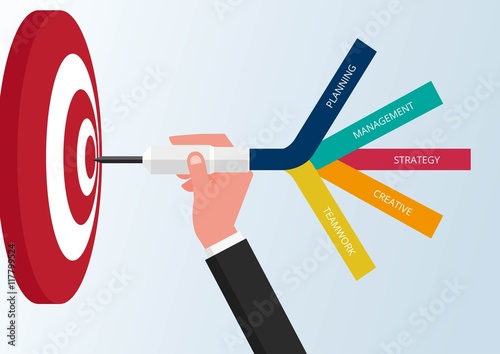 Goal setting. Smart goal. Business target concept. Hand holding dart to target. Vector Illustration.