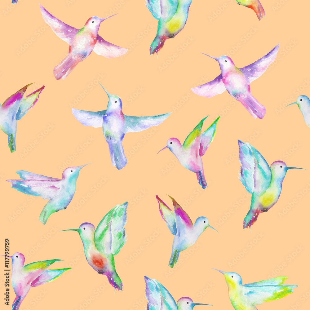 Fototapeta premium Seamless pattern of colored colibri, hand painted in a watercolor on a peach background