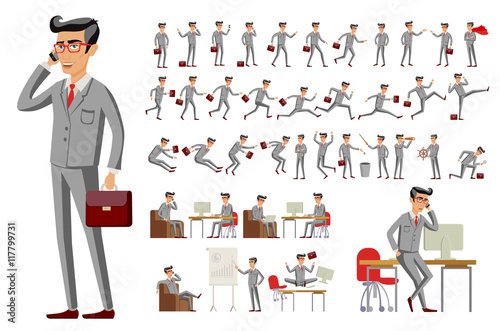 cartoon illustration of a handsome young businessman in various poses vector