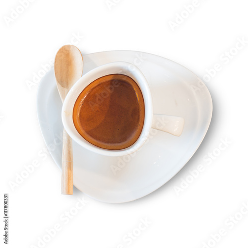Closeup white cup of coffee isolated on white background.