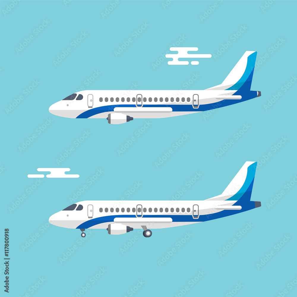 Aircraft with wide wings is flying in blue cloudy sky