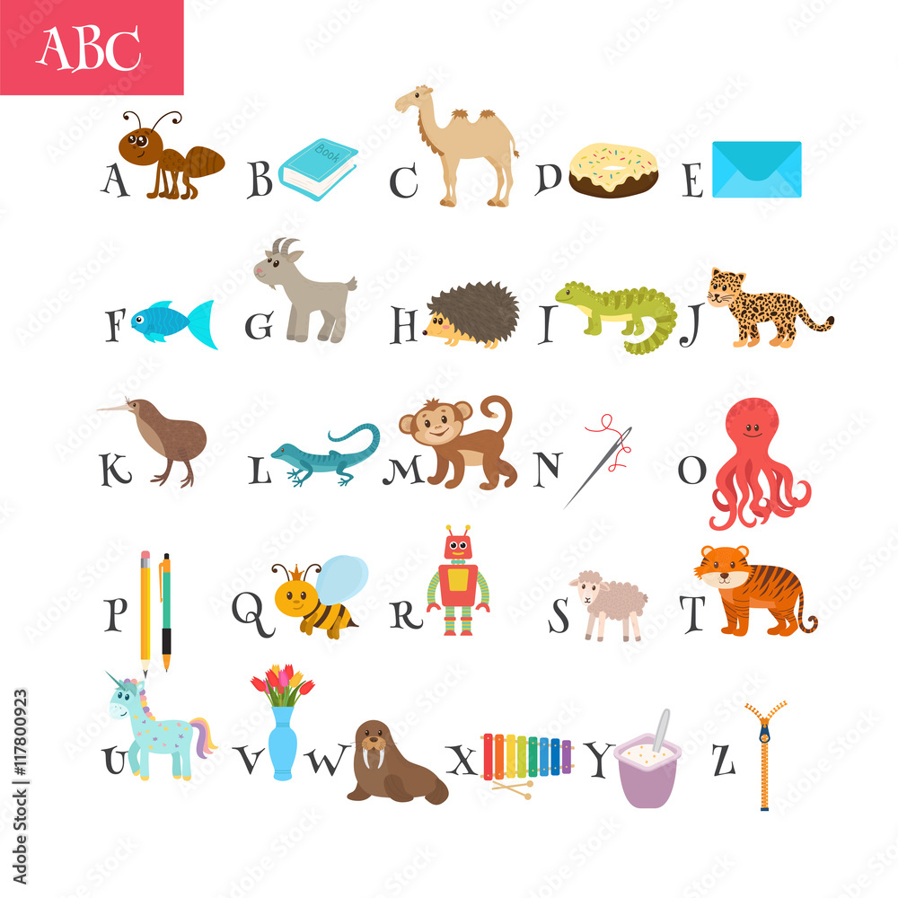 ABC. Cartoon vocabulary for education. Children alphabet with cu