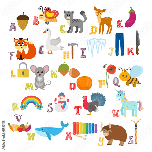 Fototapeta Naklejka Na Ścianę i Meble -  Children alphabet with cute cartoon animals and other funny elem