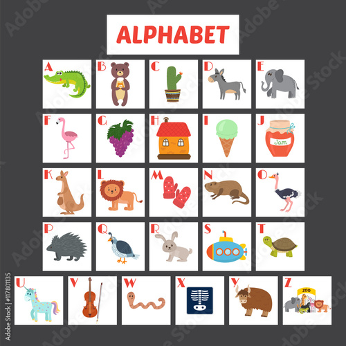 Children alphabet with cute cartoon animals and other funny elem