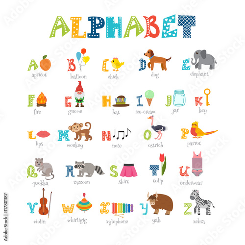 Children alphabet with cute cartoon animals and other funny elem photo