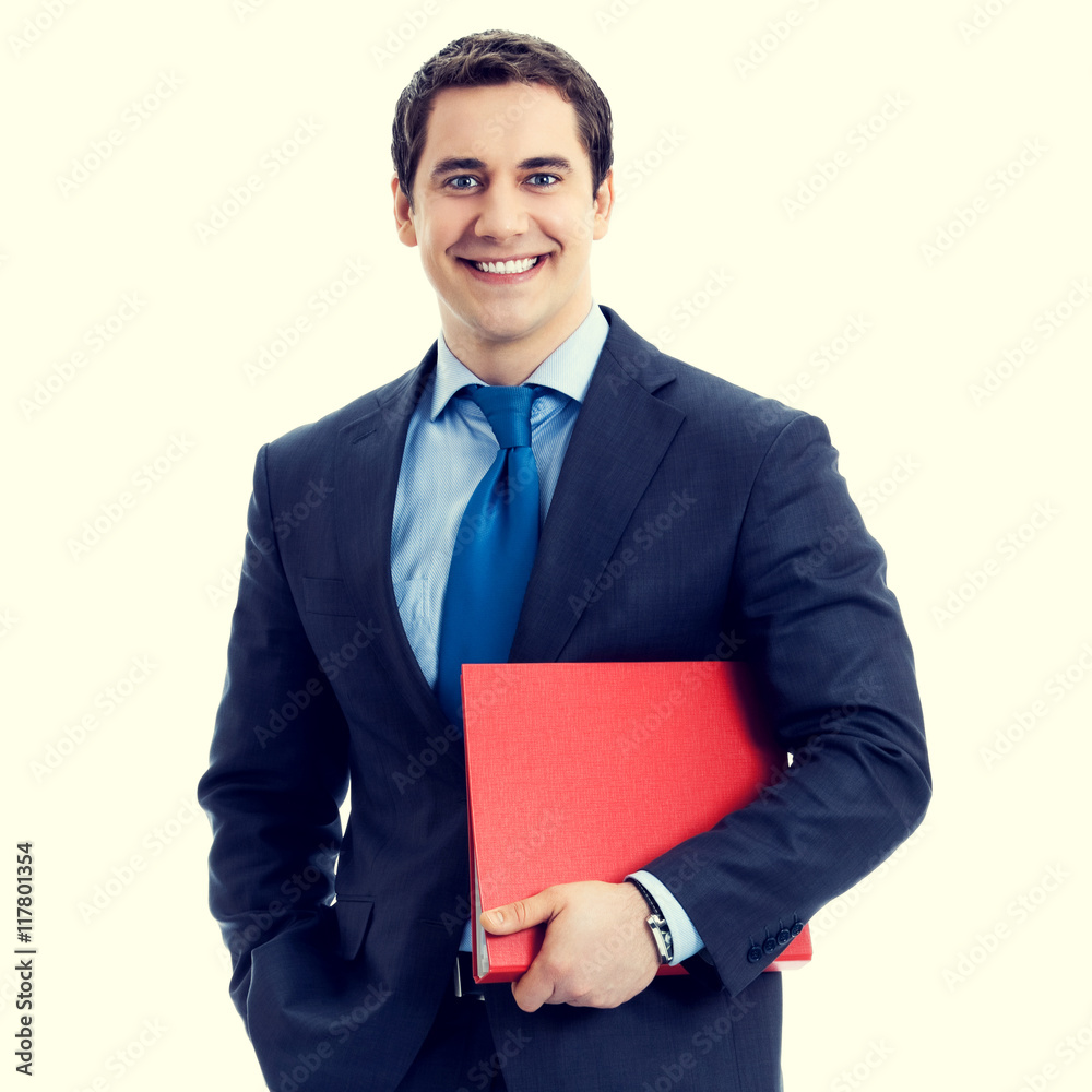 Happy smiling businessman with red folder Happy smiling businessman with red folder