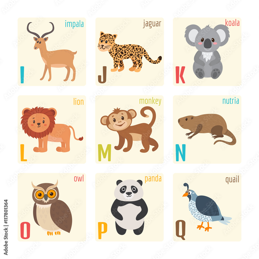 Fototapeta premium Cute zoo alphabet with animals in cartoon style. Impala, jaguar,