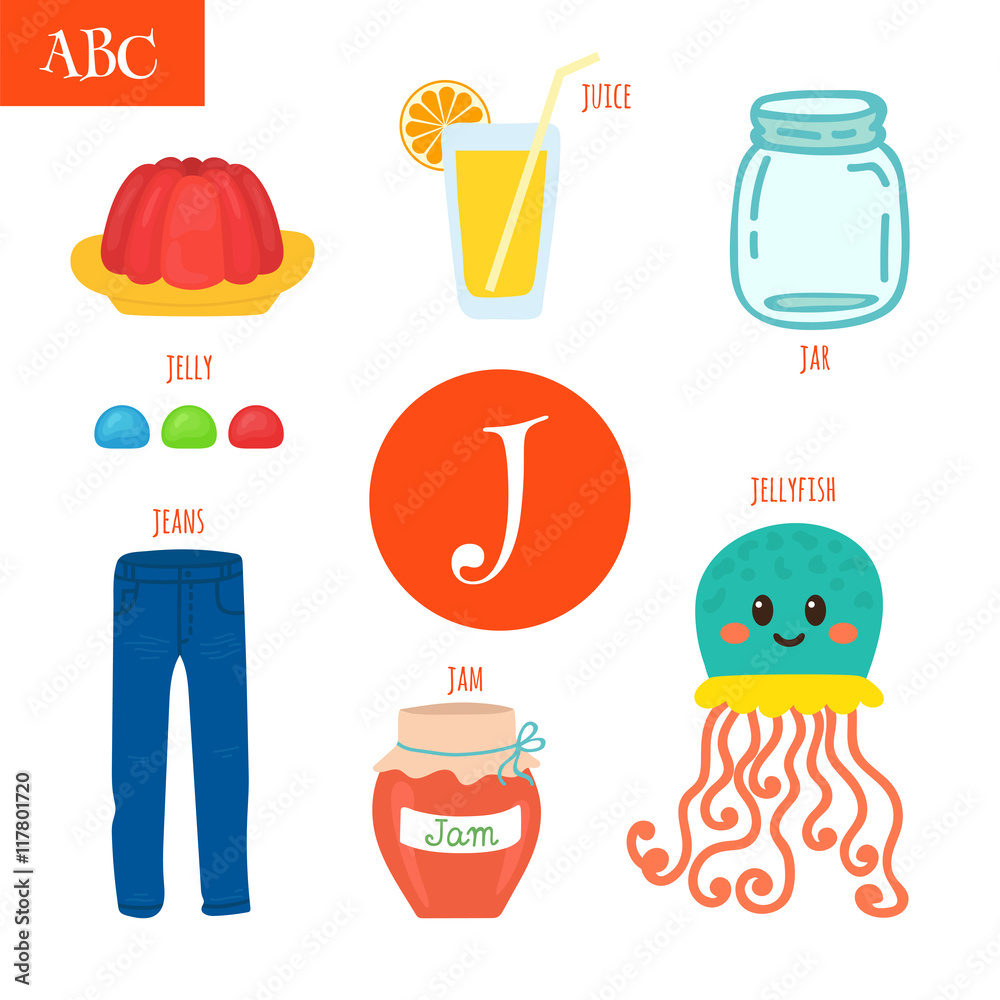 Letter J. Cartoon alphabet for children. Jellyfish, jelly, jar, Stock  Vector | Adobe Stock
