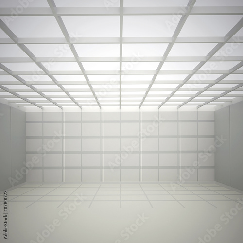 3d illustration. White interior of not existing building with a square cellular ceiling and wall and top light in perspective. Symmetrical view, render