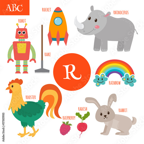 Letter R. Cartoon alphabet for children. Radish  rhinoceros  roc