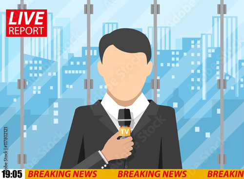 News reporter men with microphone, office building
