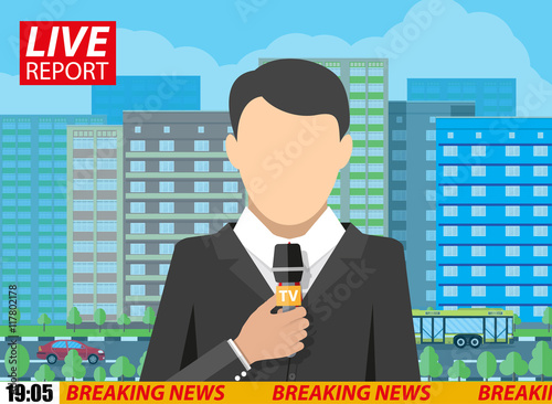 News reporter men with microphone on street