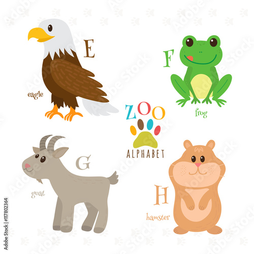 Zoo alphabet with funny cartoon animals. E, f, g, h letters. Eag