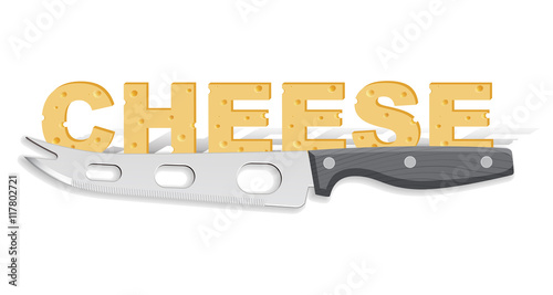 Word CHEESE made of cheese with the cheese knife