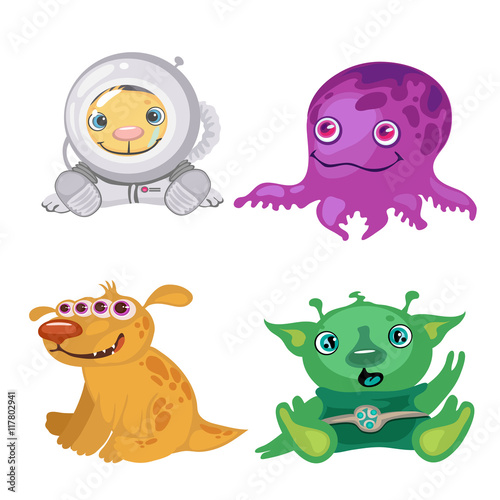 Four funny bizarre alien, fictional characters
