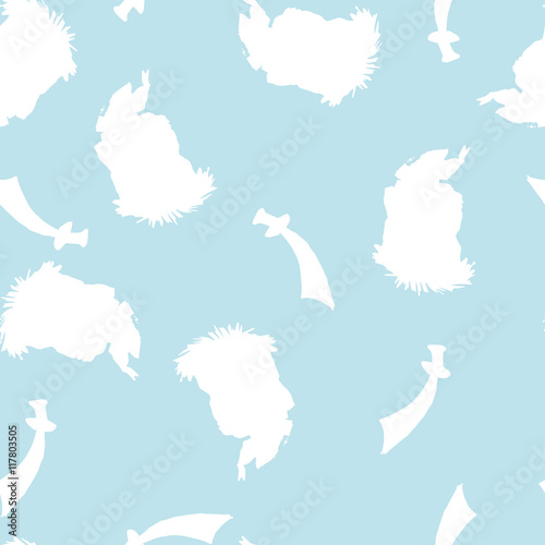 Seamless pattern with pirate elements. Hand drawn pirate elements made in vector. Map, flag, anchor, spyglass, lighthouse, roger, treasure, ahoy, bone, money, rum, bottle, palm, cannonball and other.