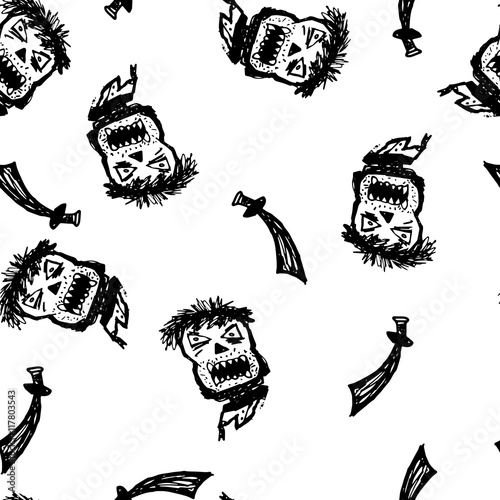 Seamless pattern with pirate elements. Hand drawn pirate elements made in vector. Map, flag, anchor, spyglass, lighthouse, roger, treasure, ahoy, bone, money, rum, bottle, palm, cannonball and other.