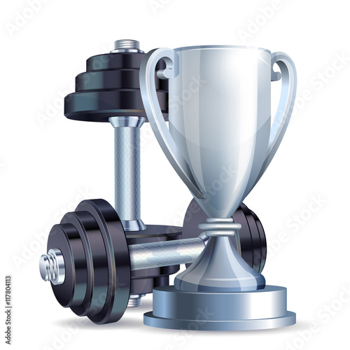 Silver cup with metal realistic dumbbells.