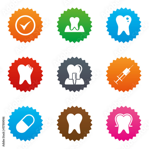 Tooth, dental care icons. Stomatology signs.