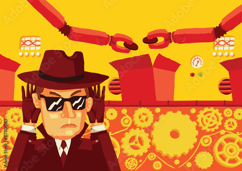 Spy in the factory. A man in sunglasses and a hat secretly monitors the production and steal sensitive data.