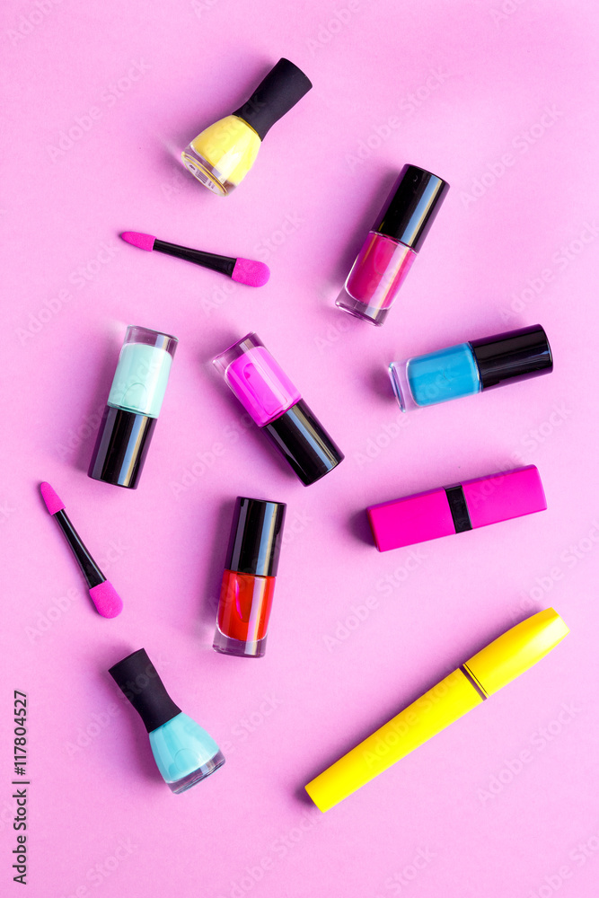 concept cosmetic set on pink background top view concept cosmetic set on pink background top view
