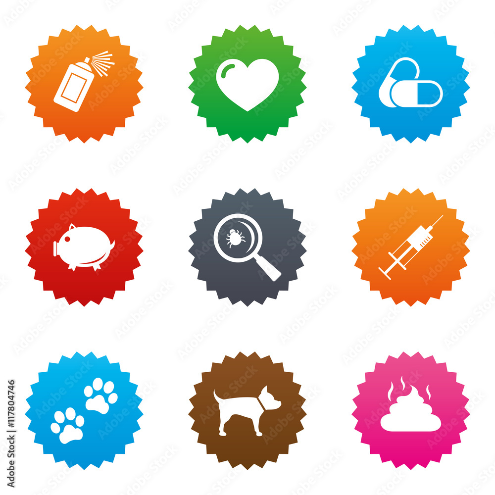 Veterinary, pets icons. Dog paws, syringe signs. Veterinary, pets icons. Dog paws, syringe signs.