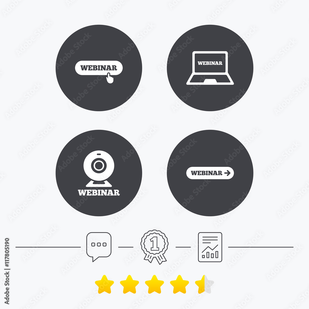 Webinar icons. Web camera and notebook pc signs. Webinar icons. Web camera and notebook pc signs.