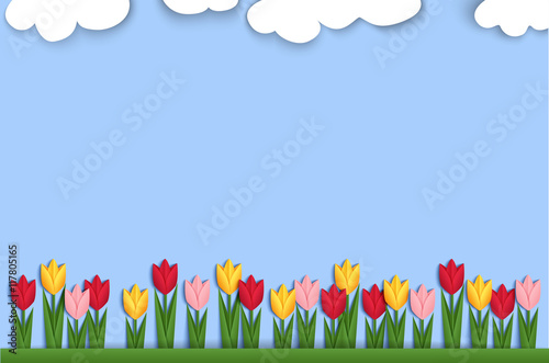 Spring background decorated with paper tulips © annagarmatiy