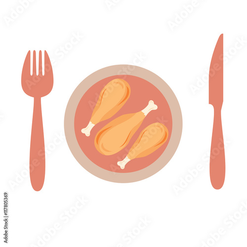 Roasted Chicken In A Plate With Knife And Spoon Vector Illustration