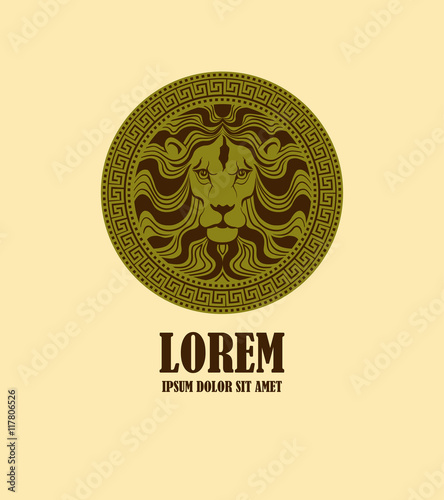 Lion muzzle in ancient style as a sample of logotype. Lion head medallion logo design template. Vector illustration