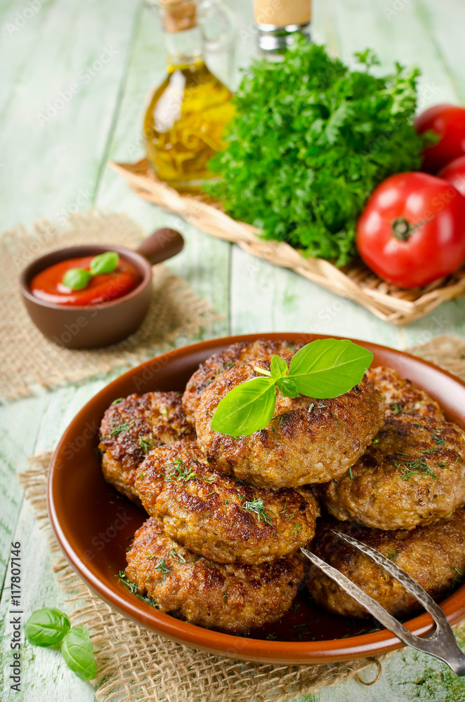 Juicy delicious cutlets with oatmeal. Rustic style Juicy delicious cutlets with oatmeal. Rustic style
