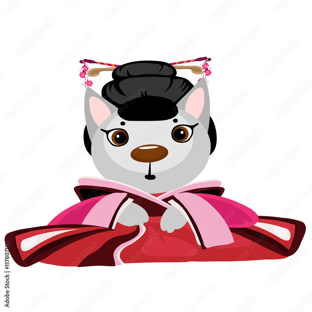 Cute kitty geisha on white background, anime Cute kitty geisha on white background, anime