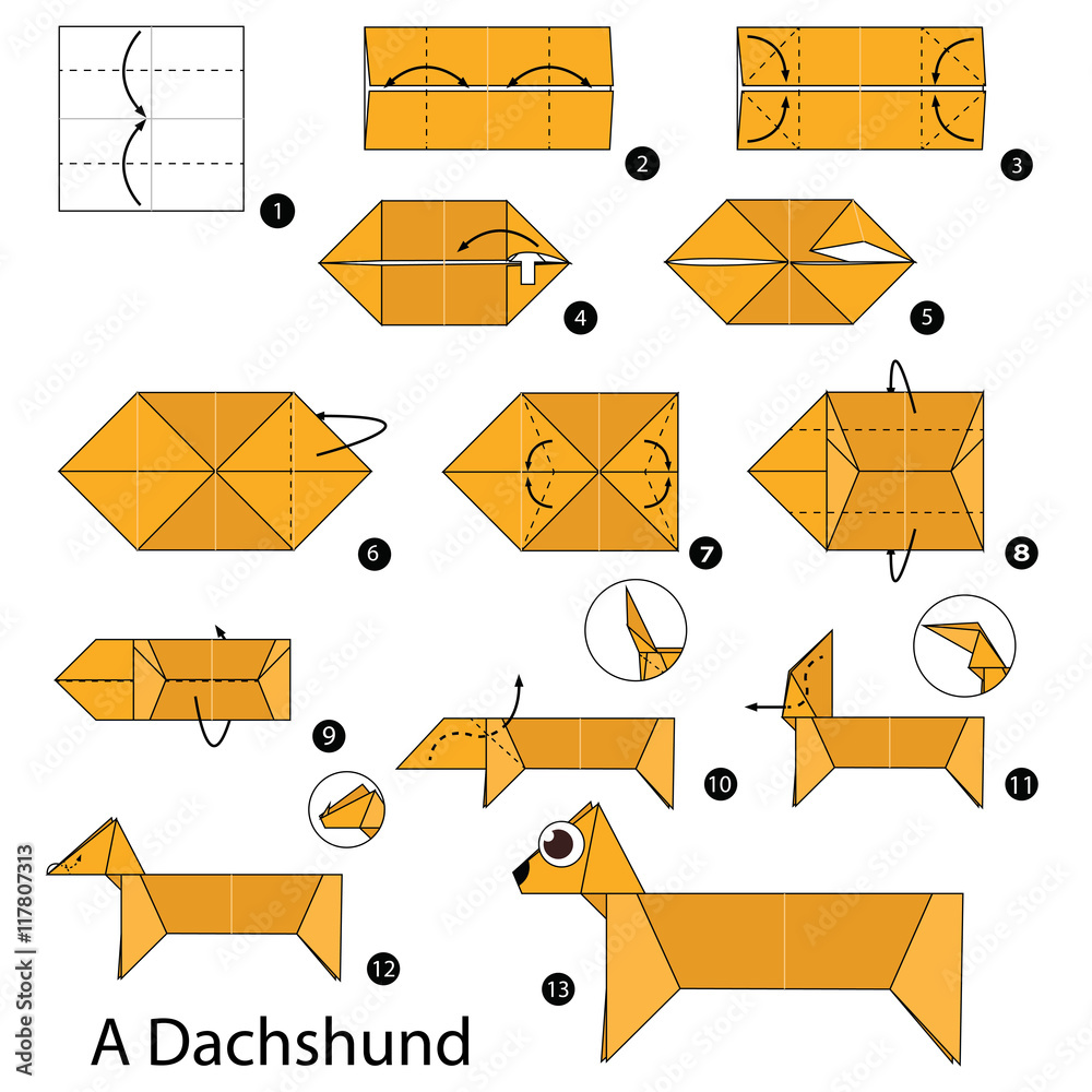 Step by step instructions how to make origami A dog. Stock Vector