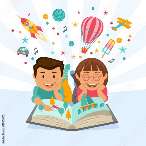Happy children reading a imaginative book