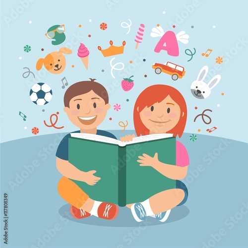 Happy children reading a book 