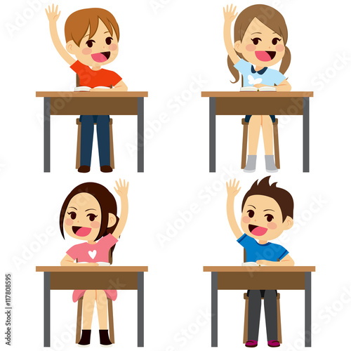 Set of school children students sitting on desks raising arms up isolated on white