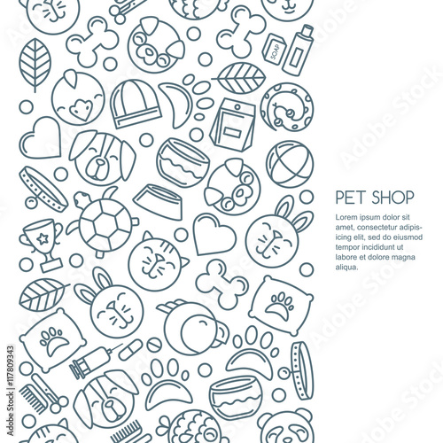 Vector seamless vertical background with outline pets icons. Goods for animals. Design for pet shop, pets care, grooming or veterinary. Line dog, cat, parrot, rabbit illustrations.