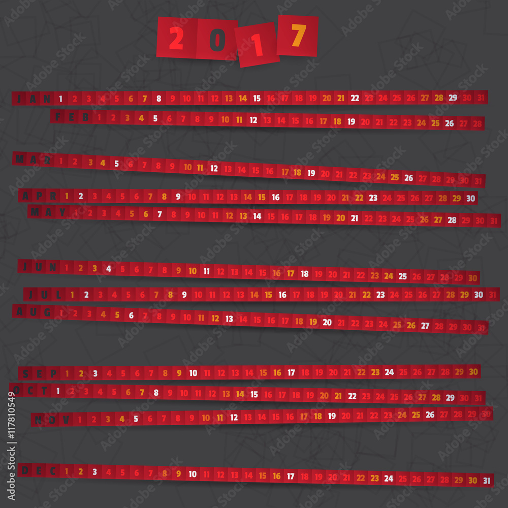 2017 Year Calendar with red strips on dark background. 2017 Year Calendar with red strips on dark background.