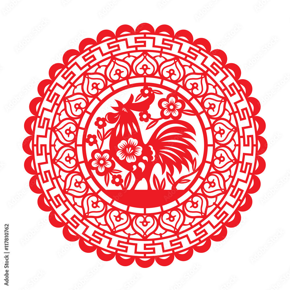 Red Paper cut chicken rooster in circle zodiac symbols for Chinese new year vector art design Red Paper cut chicken rooster in circle zodiac symbols for Chinese new year vector art design