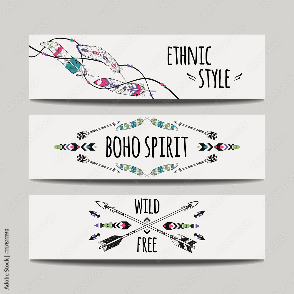 Vector set of abstract ethnic banners with arrows, feathers and geometric ornaments. Boho design brochure templates. Modern colorful tribal backgrounds.