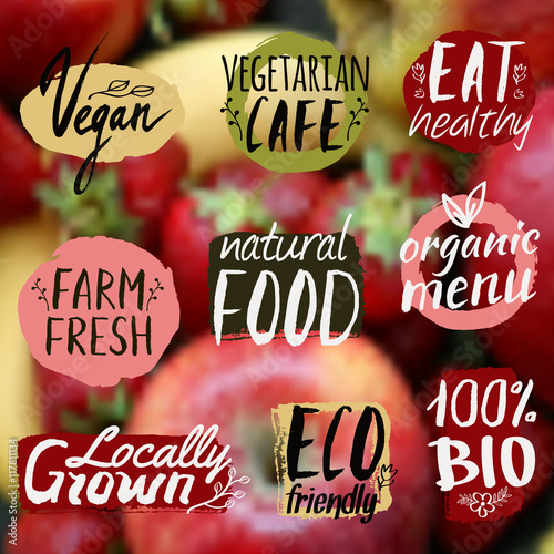 Vector set with healthy, eco and organic food labels on blurred background with fruits. Can be used for vegetarian restaurant, vegan cafe menu. Farm fresh and bio food concept.