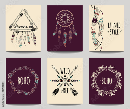Vector set of abstract ethnic flyers with arrows, dreamcatcher, feather frames. Boho design brochure templates. Modern colorful tribal backgrounds.