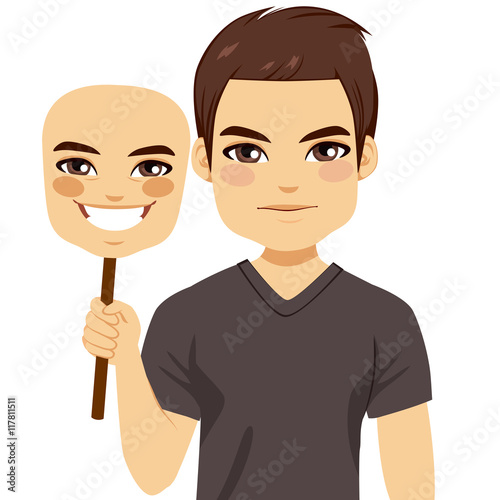 Serious man holding happy m...
