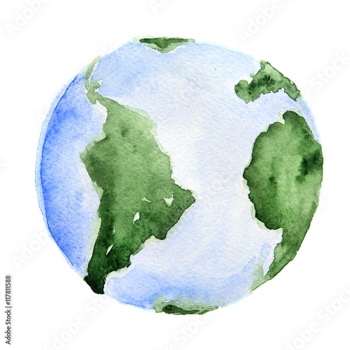 Watercolor planet Earth. Isolated planet on white background. Global ecology, environment and science.