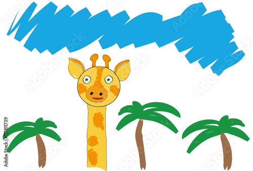 The orange giraffe and palms tree and blue sky, vector illustration, pencil drawing