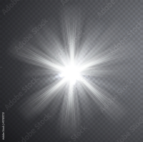 White light beam  transparent light effect. Glow with rays.