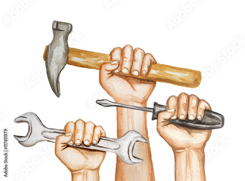Watercolor hands with tools on white background. Happy labor day watercolor illustration.