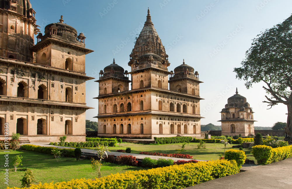 Old structures with stone domes in indian Orchha. Cinotaphs was built in 17th century in India