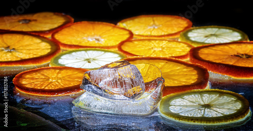 transparent slices of oranges and lemons on the glass