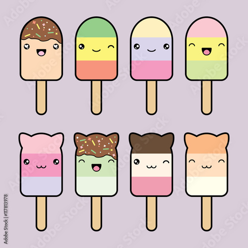 Set collection of cute kawaii style ice cream